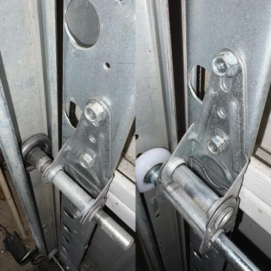 Garage door hinge and roller before and after replacement, Let's Roll Garage Doors